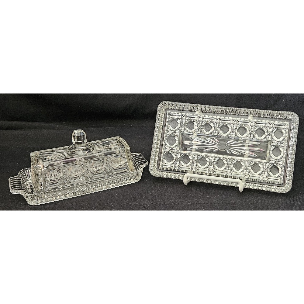 Federal Glass Windsor Butter Dish Relish Tray 3 pc Set Clear Vtg 50s Button Cane